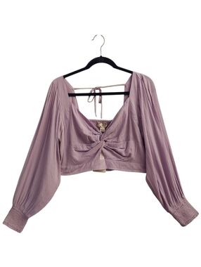 BOG Collective Cropped LS Boho Smocked Gauzy Lilac Twist Front Top NEW L